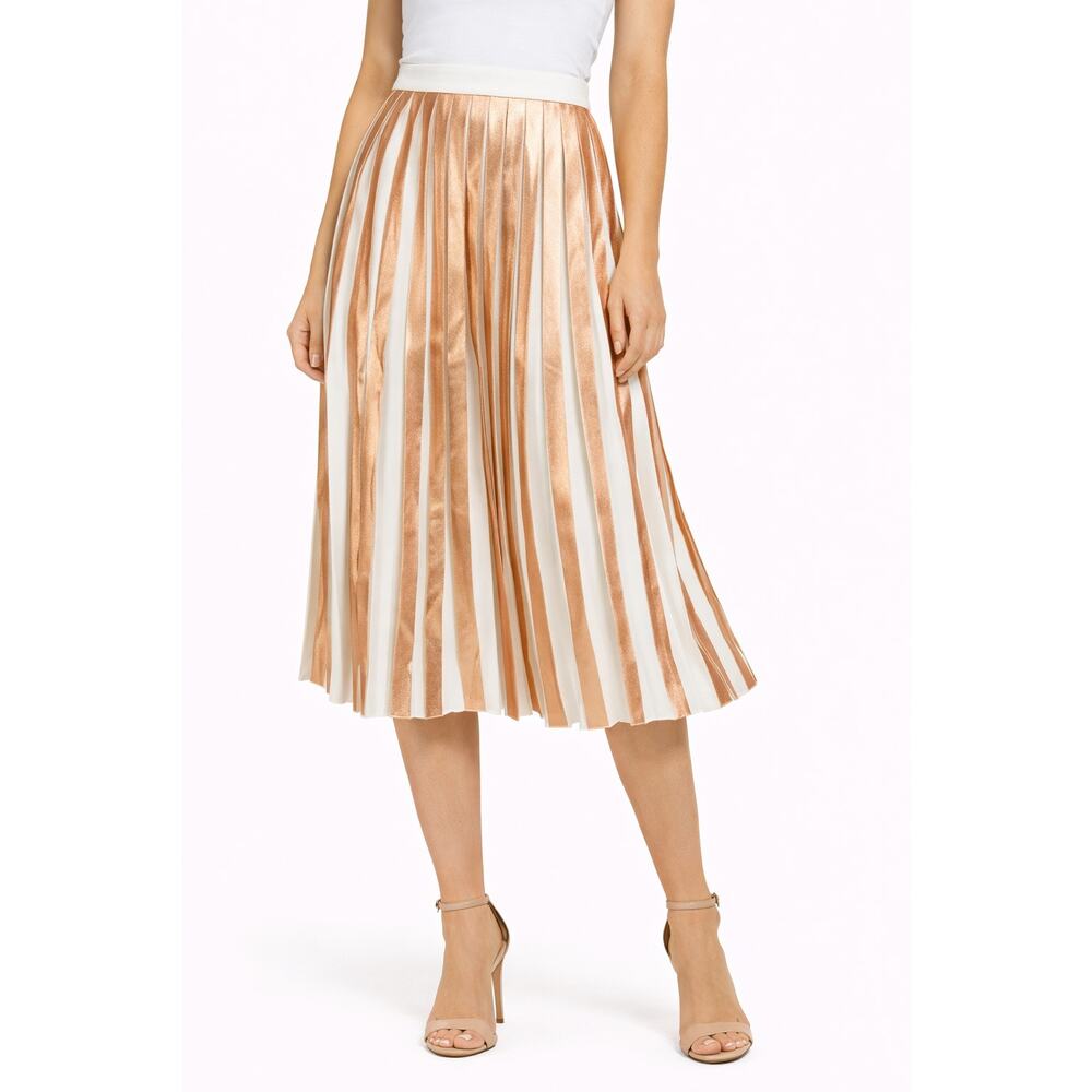 RAOUL Rose Gold Metallic Pleated Midi Skirt US 2 FR 34 Ivory Waistband